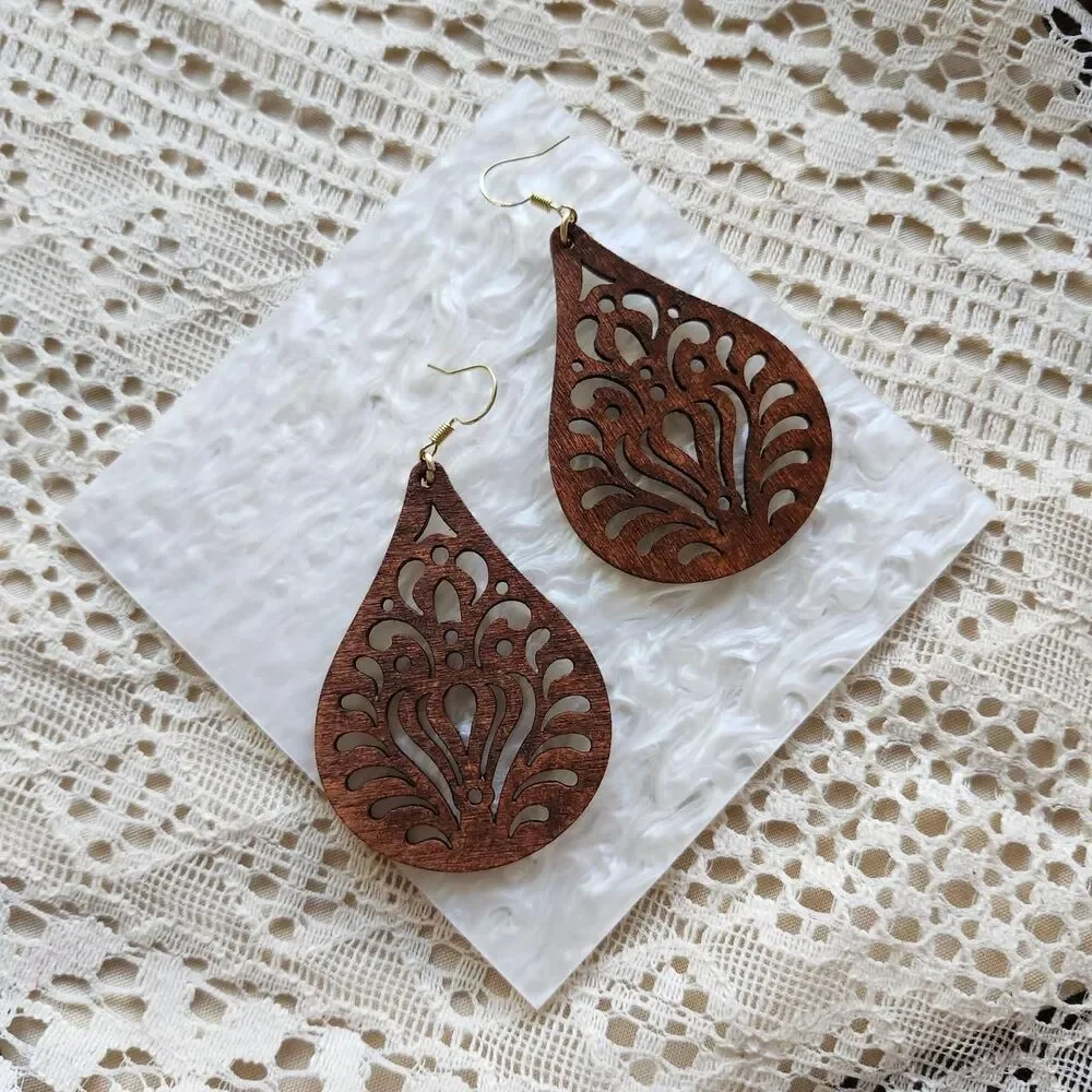 Wood Teardrop Earrings S925 Hooks Whimsy Boho Folk Art Western